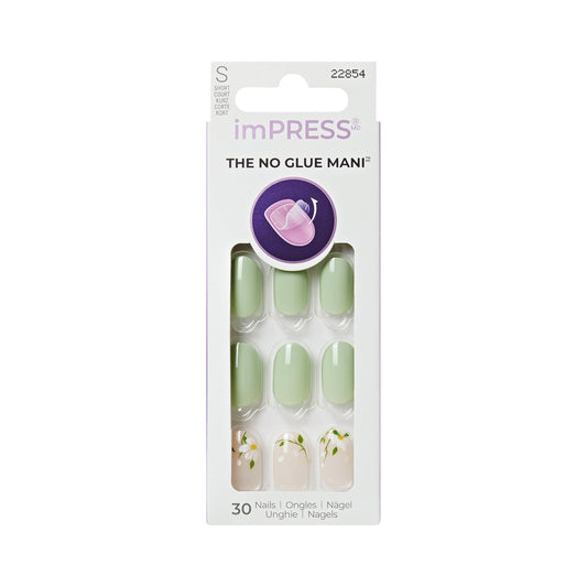 Kiss Impress No Glue Mani Press On Nails, Design, 'Velvet Bunny', Green, Short Size, Oval Shape, Includes 30 Nails, 1 Mini File, 1 Prep Pad, 1 Manicure Stick, Instruction Sheet
