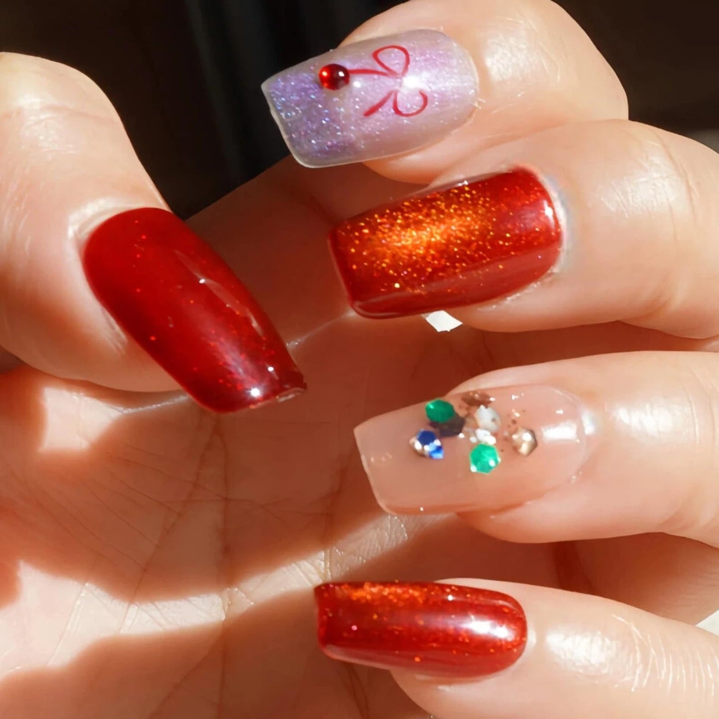 Tesytto Handmade Red Cat Eye Press on Nails Short Coffin - Luxury Coquette Bow Design, Blue Glitter & Red Ombre Fake Nails, Salon Quality Reusable Nails (Holiday Wishes,S)