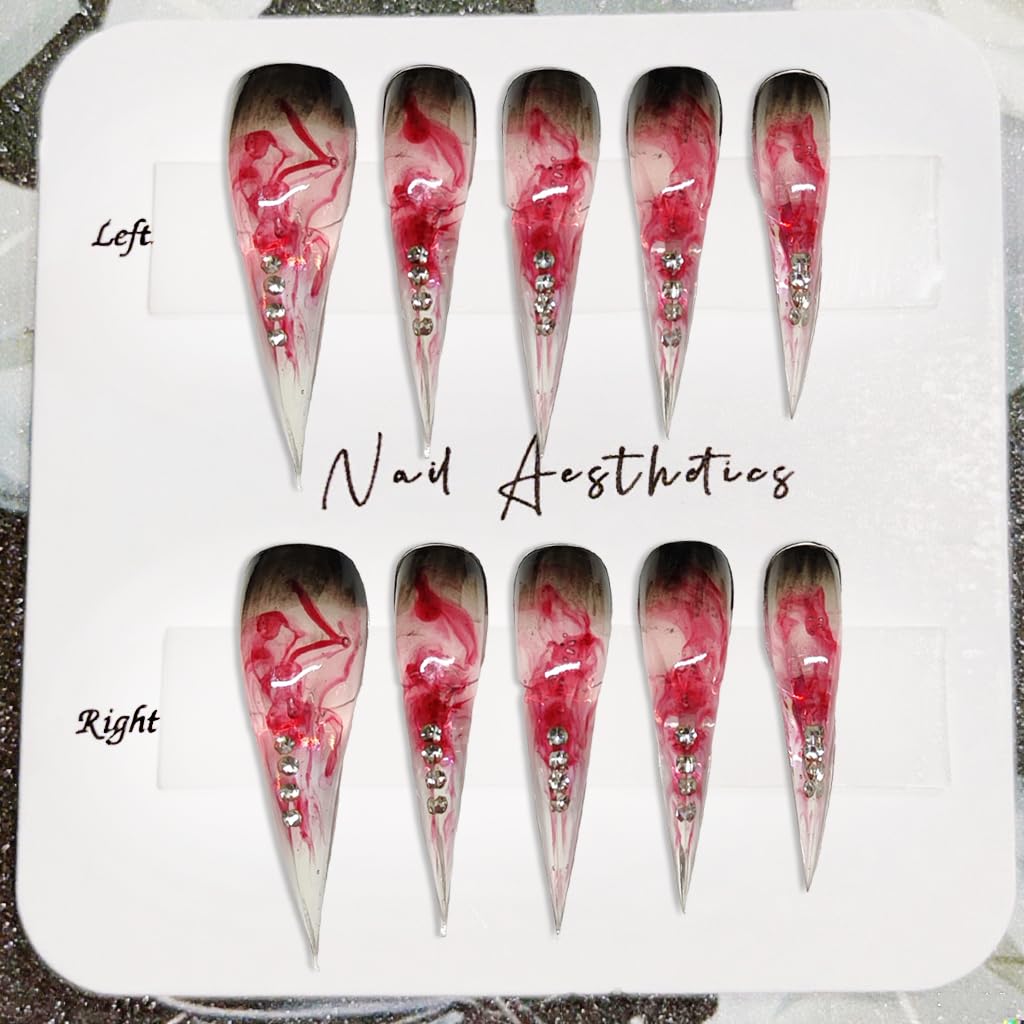 Handmade Press on Nails Long Curved Fake Nails with Blood Red Eagle Claw Designs Black Red Gradient Stick on Nail Art Full Cover Goth Style Rhinestone Acrylic False Nails for Women（M)