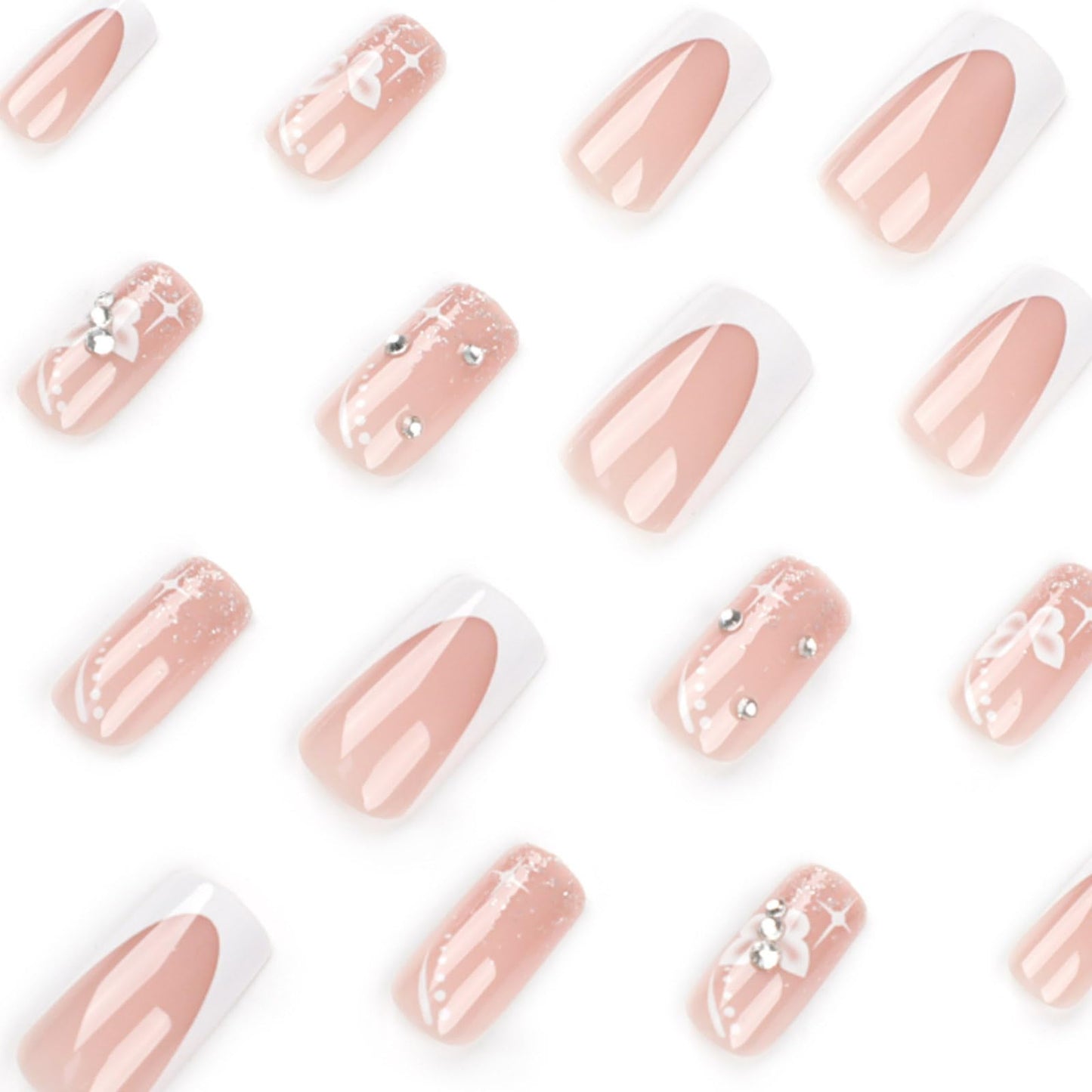 Hkanlre Medium Press on Nails Flower Fake Nails Tips Full Cover False Square French Nails for Women and Girls 24PCS