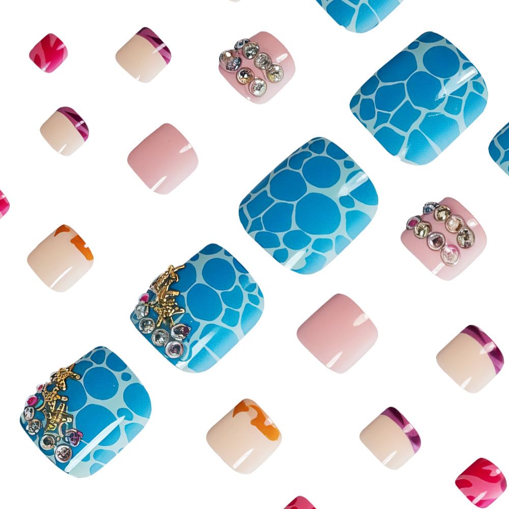 Summer Press on Toenails Sea Waves Fake Toe Nails Cute Ocean Acrylic Toenails with Gold Starfish Pearl Designs Beach Blue Artificial False Toe Nails for Women Girls Manicure Deco 24Pcs