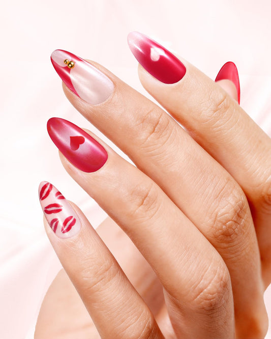 Buleens Valentine’s Medium Almond Press on Nails for Date-Pink Hearts and Lips Handmade Fake Nail for Women, Stylish outfits Gifts for Girls,15 Sizes, 30 Kits with Glue