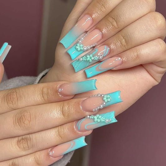 FIEONCIY Press on Nails Coffin Long Blue Glossy Full Cover Acrylic Square French False Nails with Floral Pearl Designs Artificial Ballerina Fake Nails with Charm Glue Stick on Fingernails for Women