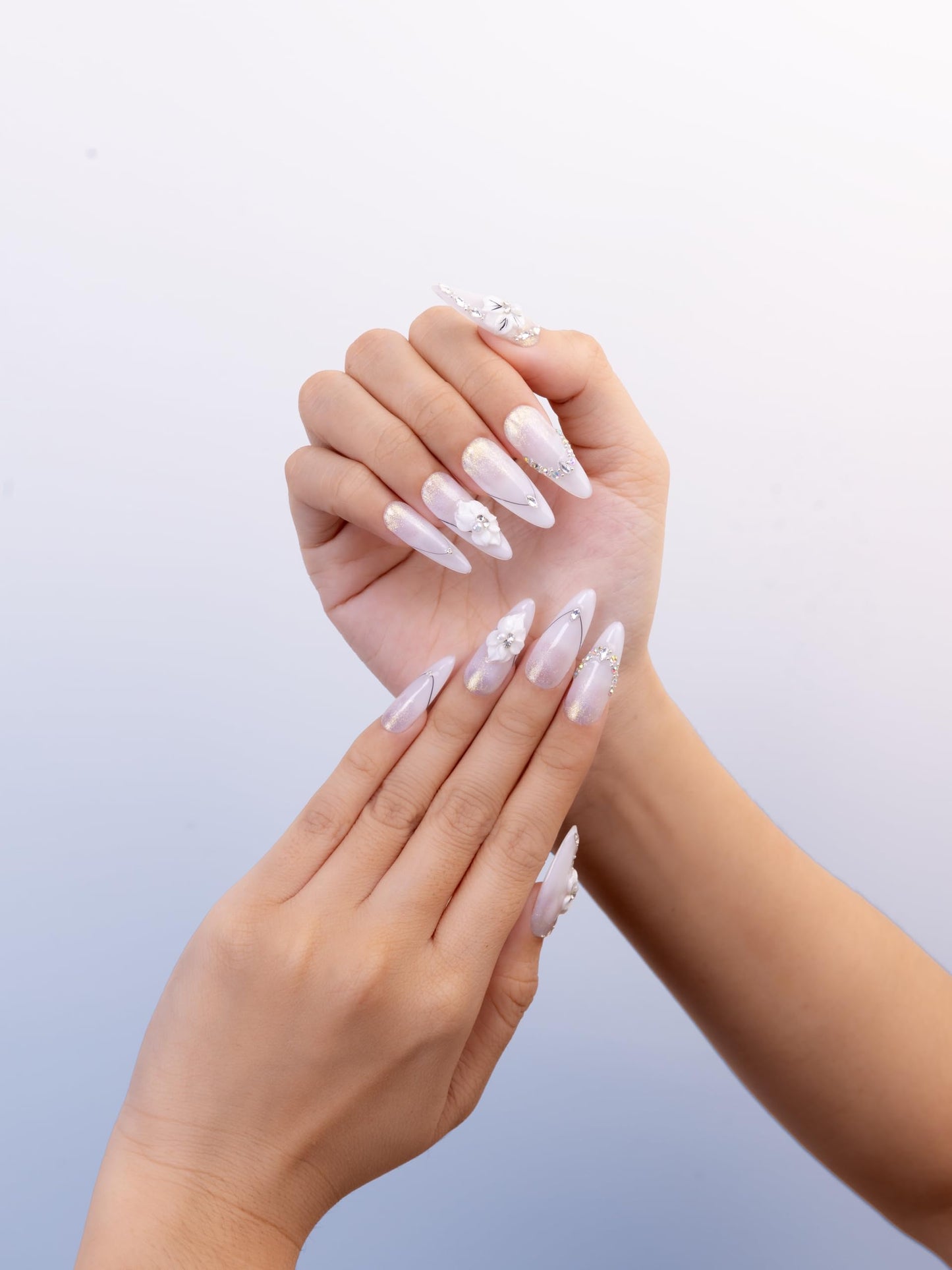 SIYOU Beauty | Love Sparkle | White Rhinestone Romantic Long Almond Press On Nails for Women (Large) - Reusable, Salon-Quality Fake Nails (10pc)