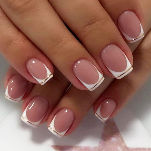 IMSOHOT Press On Nails - White French Tip | Golden Line Designs Short Square Fake Nails, Full Cover, Acrylic, Glossy, Nude False Nails | 12 Sizes - 24 Nail Kit