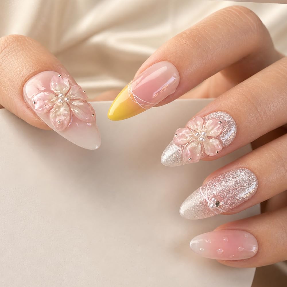 2IM Studio Handmade Press On Nails – 10 Piece Soft Gel Nail Kit with Glue & Tool Set, Reusable Artisan Nails, Salon-Quality Finish (Peach Pearl-S)