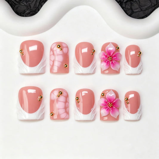 Press on Nails Handmade 3D Pink White Gradient Flower False Nails Short Square Fake Nail Glossy White French Tip Elegant Floral Style Thick Acrylic Nail Salon Quality Stick on Nails for Women (M)