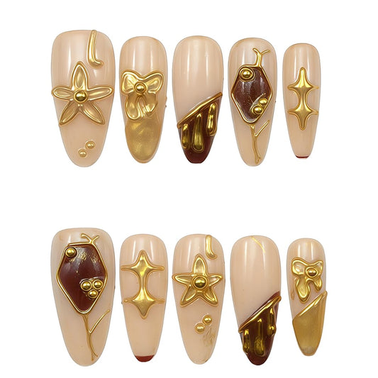 WZHAOJUN Handmade Press On Nails,Medium Gold Presson Nails For Women,10pcs Abs Material Fake Nails With Design-Reusable Glue On Hand Made Nails For Party Wedding(10Pcs Size M)