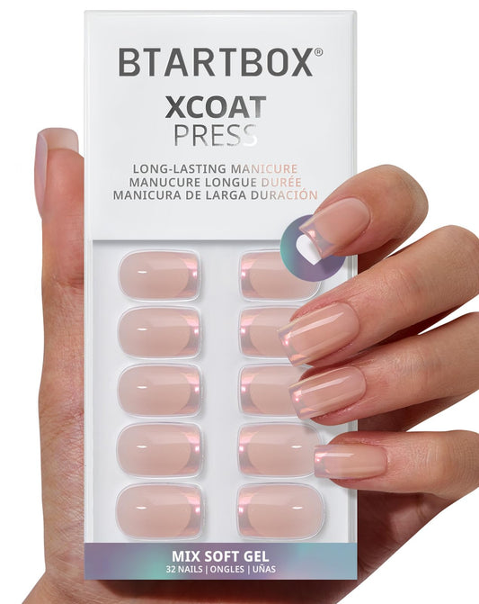BTArtbox Press On Nails Short - Muted Glitz, Lamp-Curable Nude Chrome French Tip Square Press On Nails with Glue and Adhesive Tabs for Women in 16 Sizes - 32 Nails All-in-One Kit