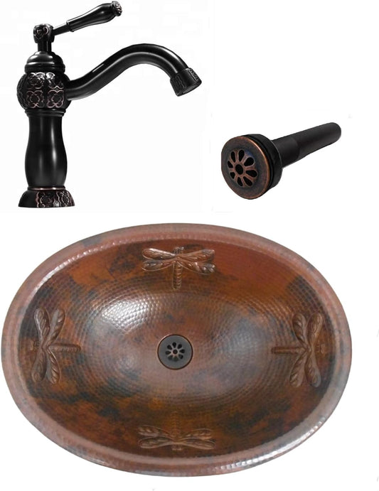 Simply Copper 19" Oval Copper Drop In Bathroom Vanity Sink with Dragonfly Design with Daisy Drain & 9" ORB Faucet