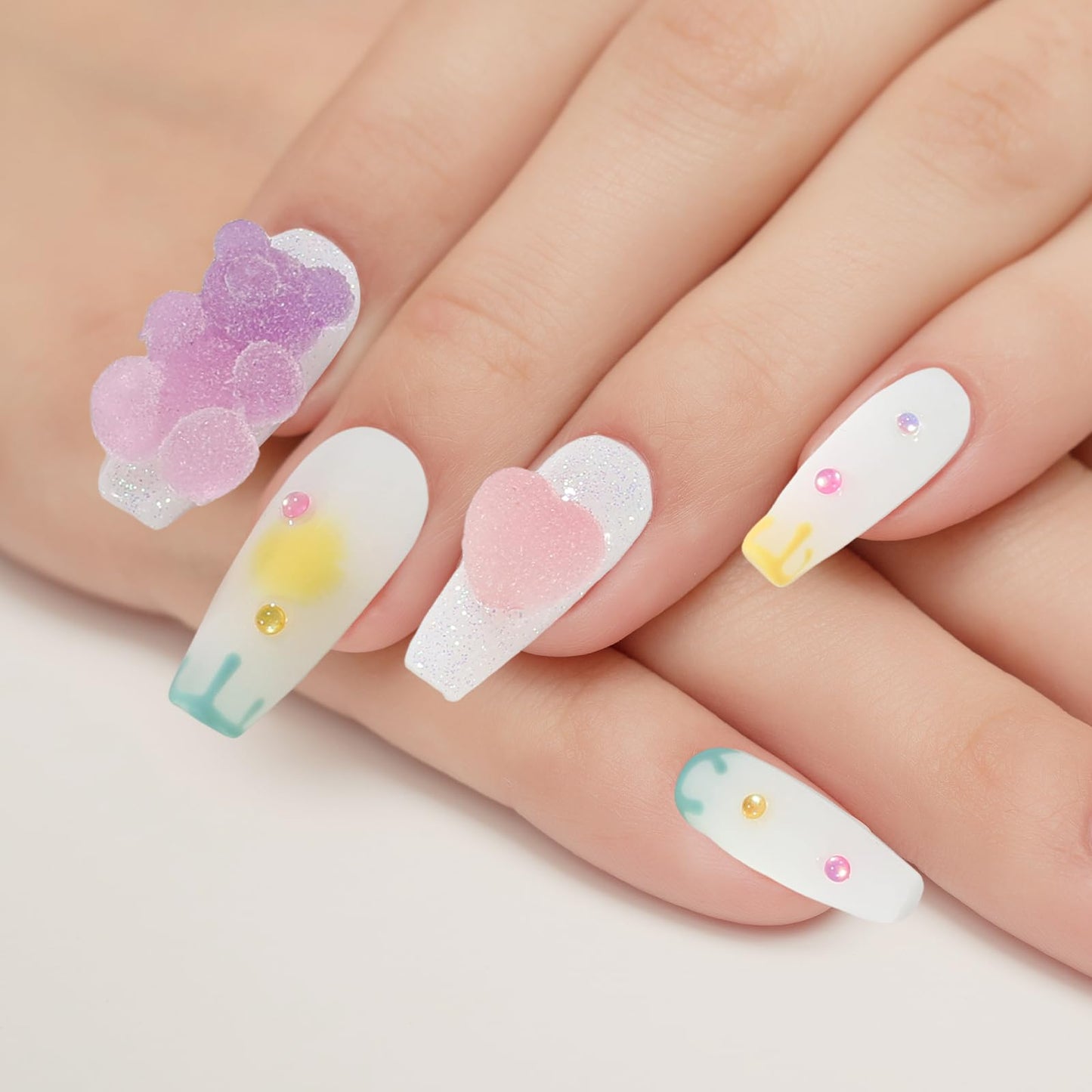 XODITO Fake Nails Set Y2K Long Square Matte 3D Candy Bear Love Decoration False Nail Tips, Press On Nails, Artificial Art Nails Finger Manicure for Women and Girls(CDJ0021-M)