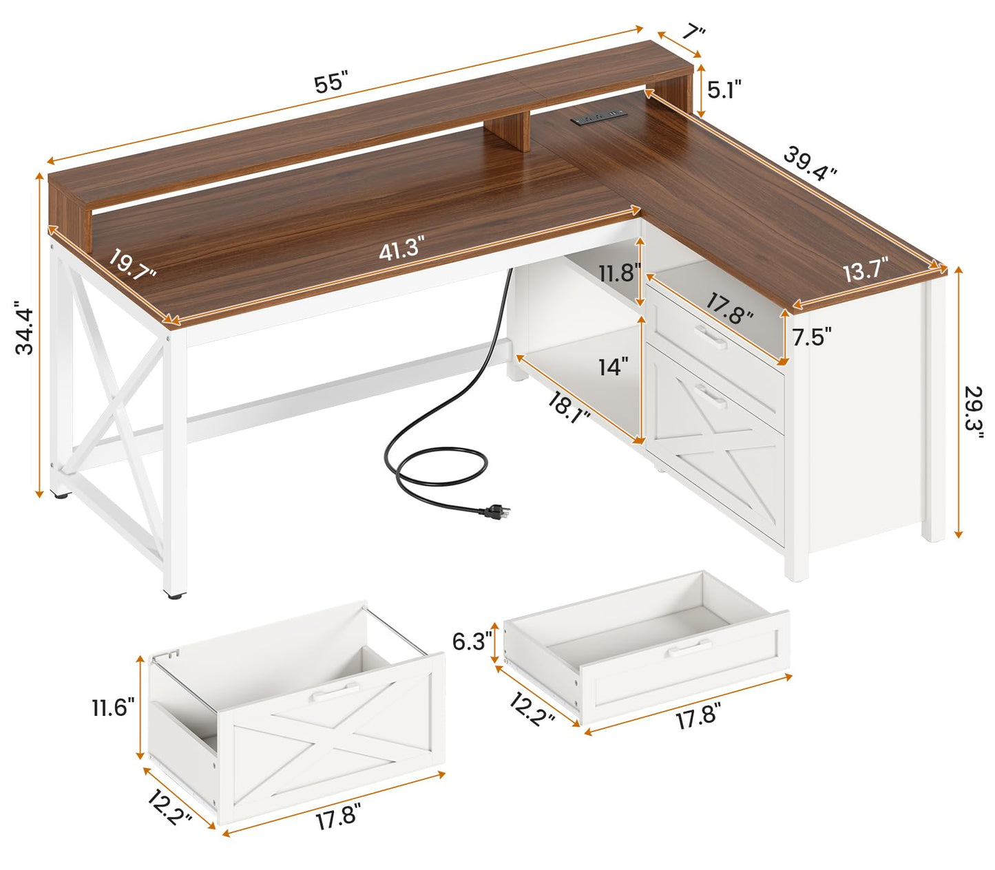 SEDETA Farmhouse L Shaped Desk, 55" Home Office Desk with Drawers and Storage Shelves, L Shaped Gaming Desk with LED Lights, Power Outlet and Monitor Shelf, Brown