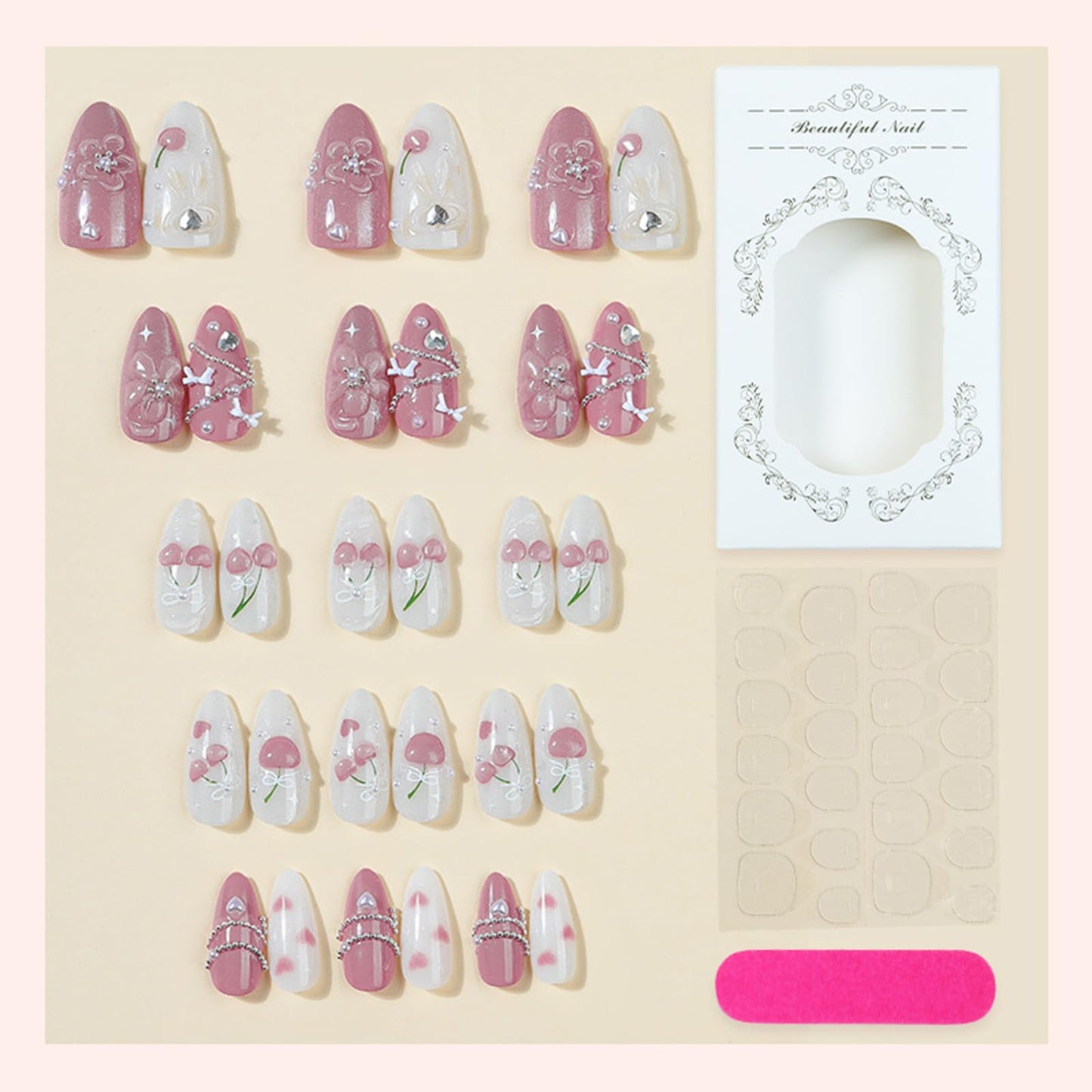 3D Flower Acrylic Fake Nail HZJXRT Press on Nails Glossy Spark Pink Stick on Fingernail 24 Pcs Love Heart Rhinestones Gel Glue on Nail Cherry Medium Almond False Nails for Coquette Women Gift