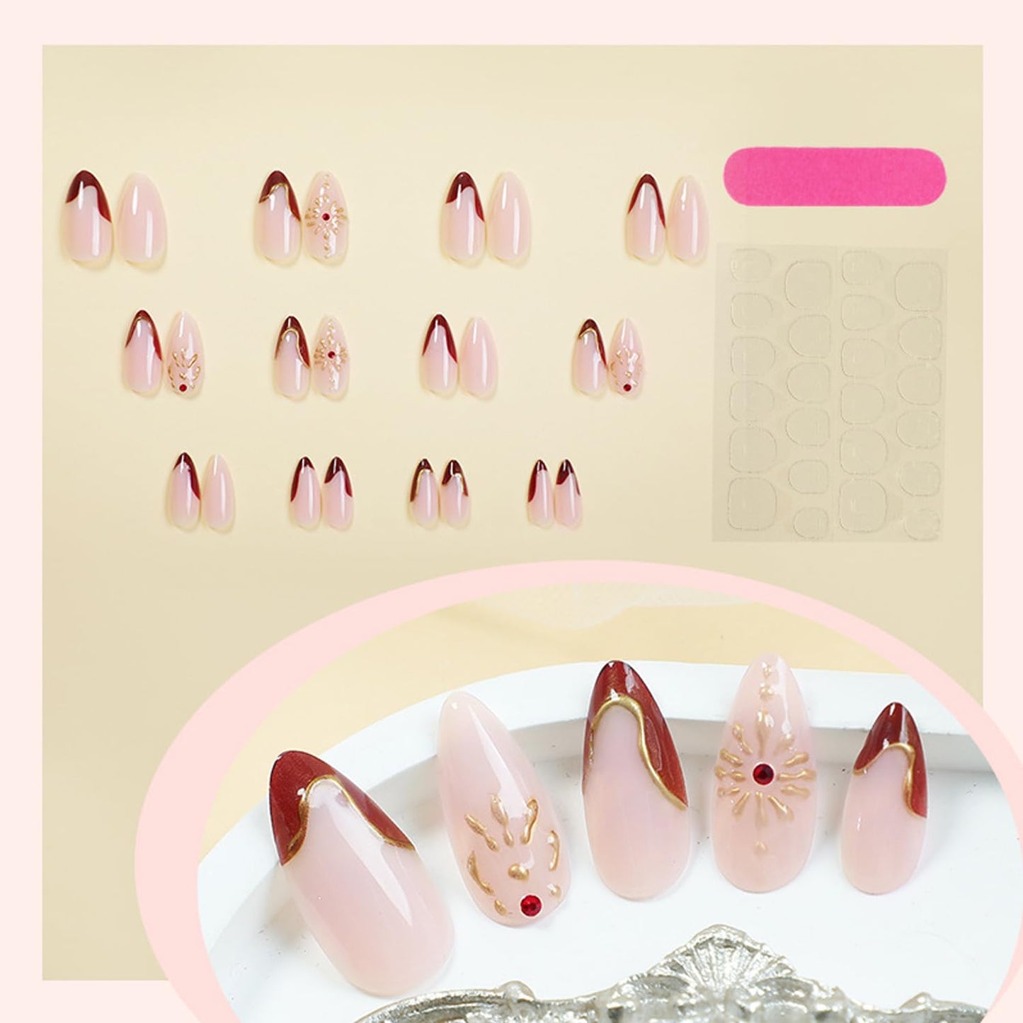 3D Gold Irregular Lines Press on Nails Medium Almond Press on Red French Tip Fake Nails Golden Sun False Nails with Shiny Rhinestones Design Artificial Nails Glossy Glue on Nails for Women Nails 24Pcs