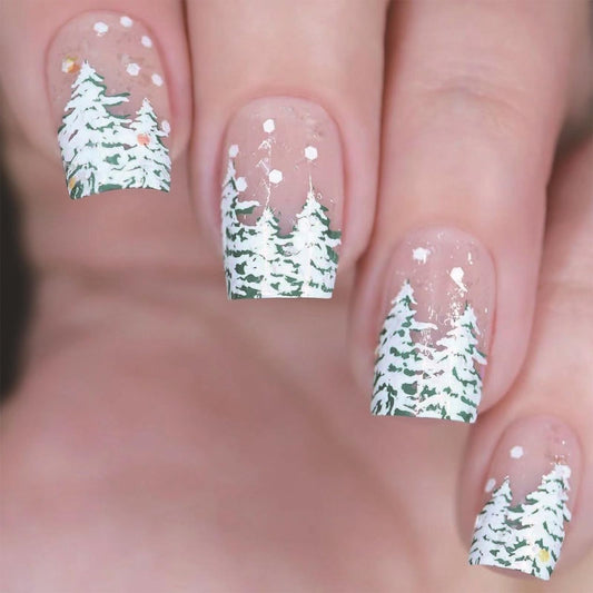 IMRAIN Christmas Press on Nails Short Square Fake Nails Glossy Glue on Nails Full Cover Artificial Christmas Tree Designs Nude Cute Gel False Nails for Women Girls 24Pcs