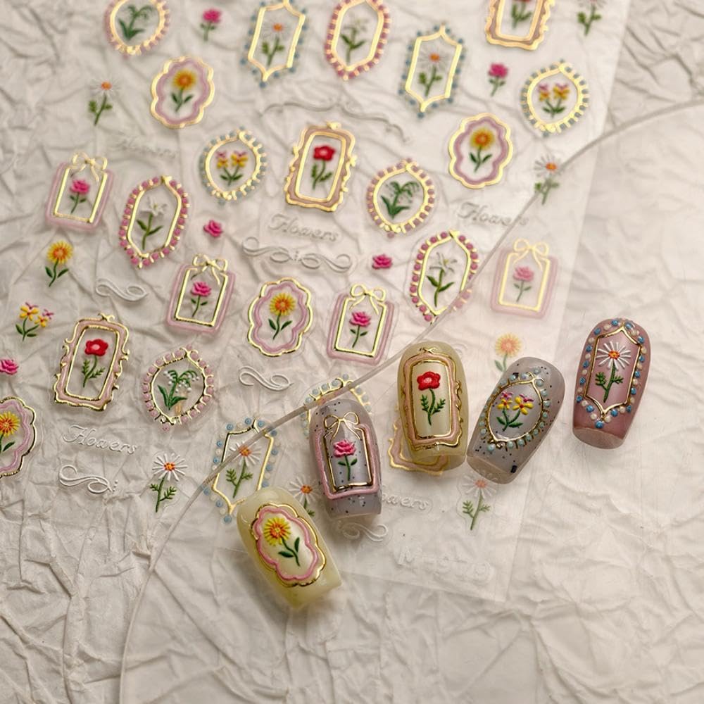 5D Embossed Flower Nail Stickers Irregular Geometric Frames Nail Designs Gold Hollow Designs Nail Decals Dasiy Rose 3D Self-Adhesive Summer Nails Art Decoration for Women DIY 1 Sheet