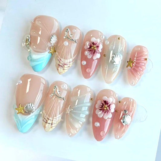 Summer Beach Press on Nails Medium Almond Fake Nails 3D Flower Pearls Design False Nails Silver Ocean Starfish Seashell Rhinestone Acrylic Nails Water Ripples French Tip Stick on Nail for Women 30Pcs