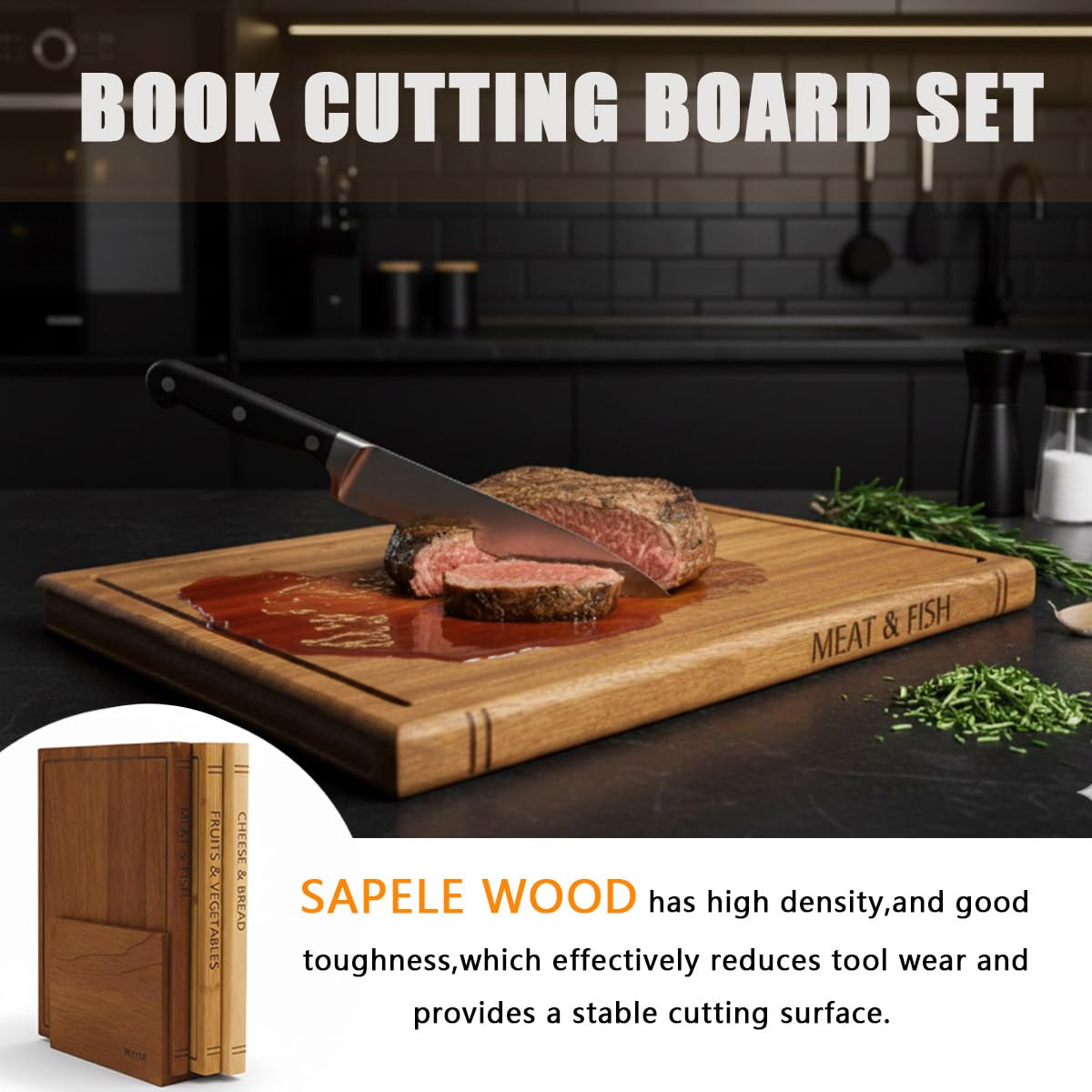 Book Shaped Cutting Board Set with Walnut Stand, 3 PCS Wooden Cutting Boards (13"x10"), Maple Sapele & Bamboo Charcuterie Serving Boards, Decorative Kitchen Decor Gift for Housewarming (1Set)