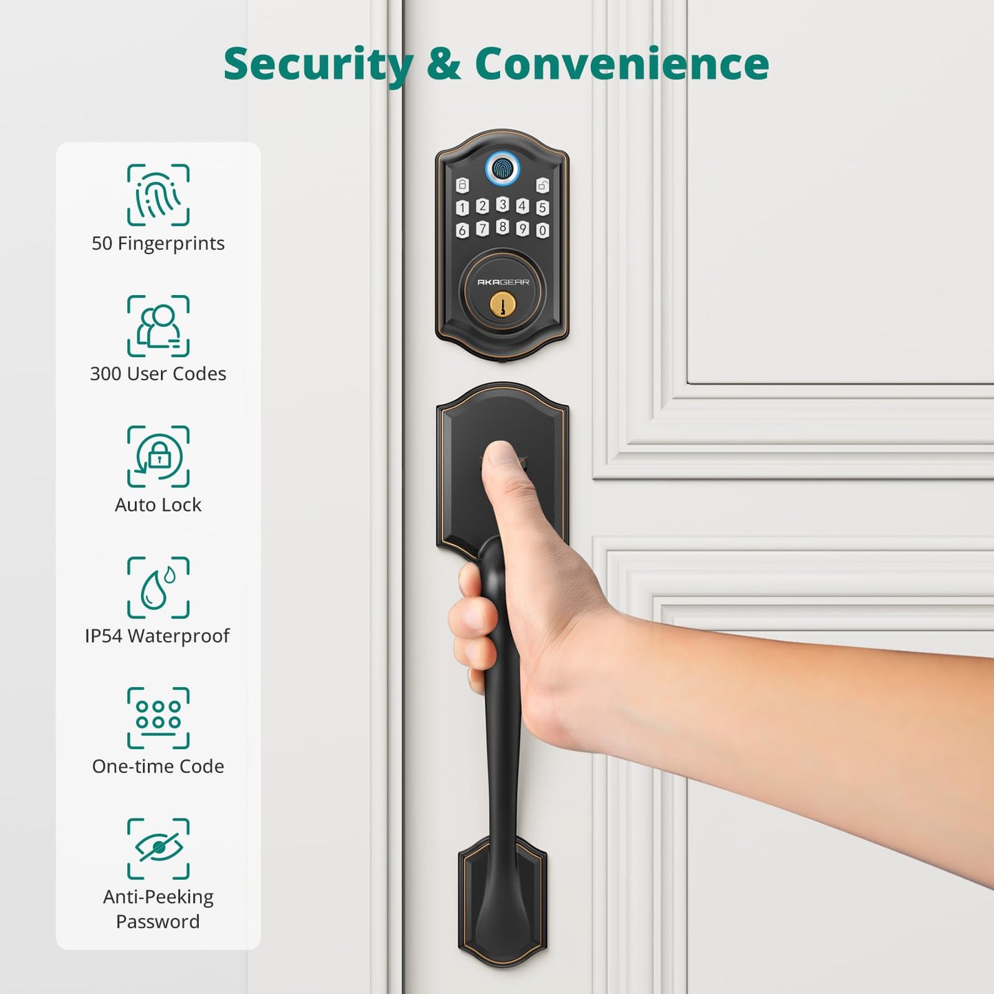 AkaGear DS10 Keyless Entry Door Lock with Handle Set - Fingerprint Deadbolt, Electronic Keypad Deadbolt, Smart Locks for Front Door, Auto-Lock & One Touch Locking - Oil Rubbed Bronze
