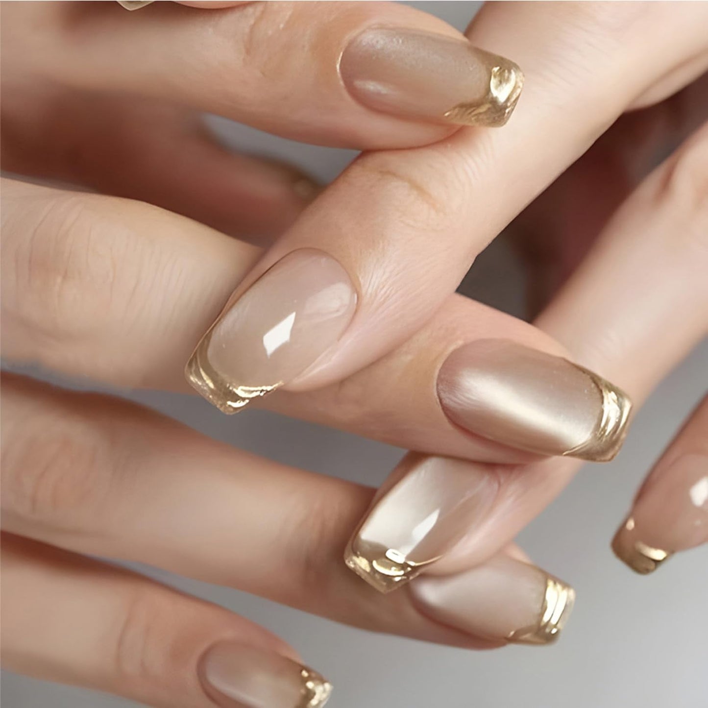 Gold French Tip Press On Nails for Women, Glossy Coffin Fake Nails with Metallic Swirl Design, Elegant Nude Full Cover Acrylic Nails Reusable Stick On Nails, 24PCS