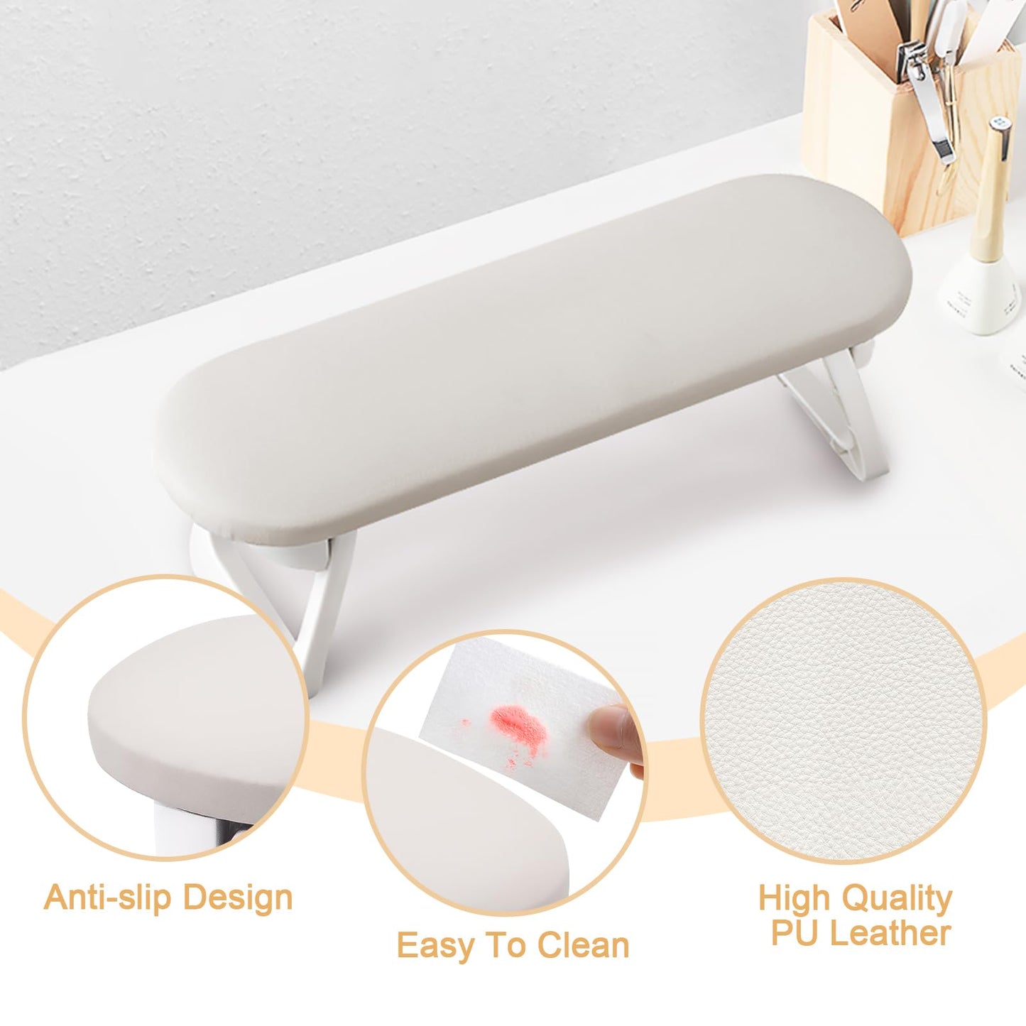 Subay Nail Arm Rest, Foldable PU Leather Nail Hand Rest for Acrylic Nails Cushion Hand Holder, Nail Hand Pillow Nail Art Accessories Tool for Nails Tech Manicure Pedicure Salon Home Use - Light Gray