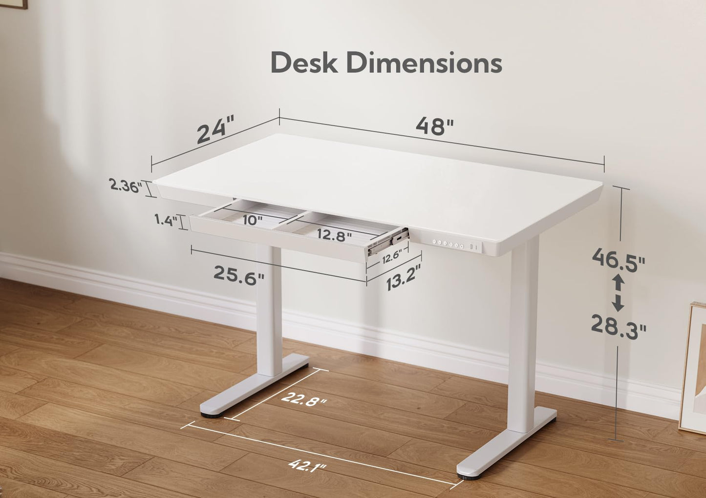 YDN Glass Standing Desk with Drawers, 48 x 24 Inch Electric Stand Up Desk with USB Ports, Adjustable Height for Home Office, White