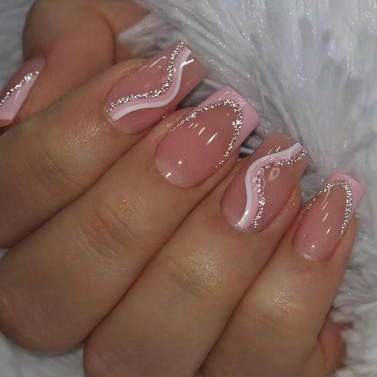 6 Packs (144 Pcs) Press on Nails Square - Short, Medium Nails Press ons - French Tip Fake Nails with Flower Design - for Women 12 Sizes-6 Styles