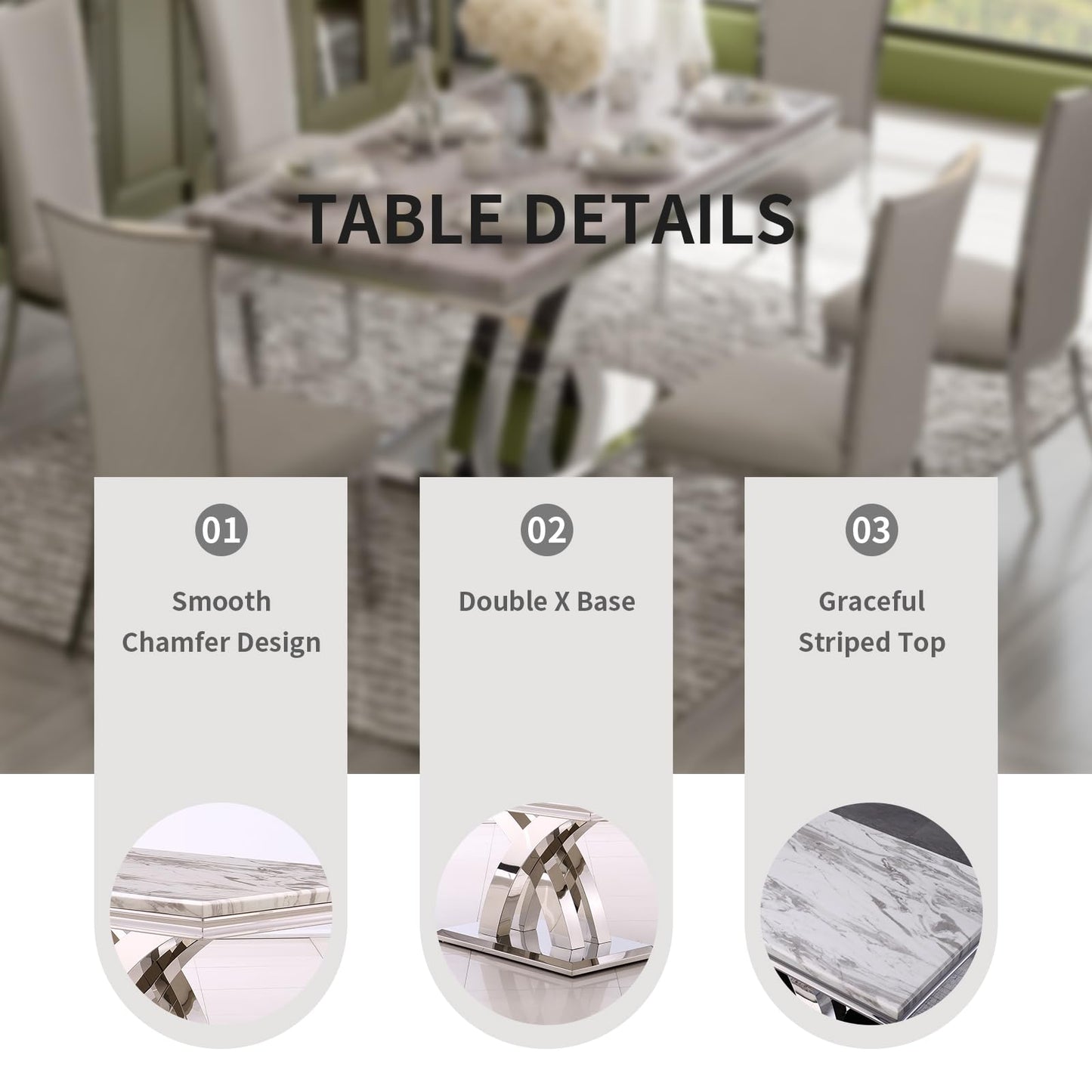 AUZ 7 Piece Dining Room Table Set for 6, White and Silver Kitchen and Dining Room Table Set with 65" Rectangle Table and 6 White Velvet Dining Chairs