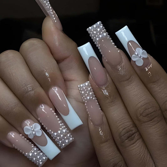 Kamize Long Fake Nails French Press on Nails Full Cover Acrylic Square Pearl Fake Nails for Women and Girls 24PCS