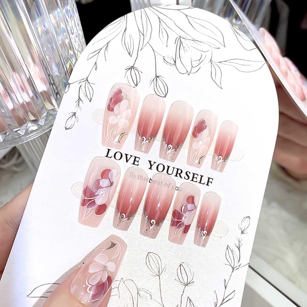 RikView Pink Press on Nails Long Fake Nails Coffin Nails with Chinese Style Glossy Full Cover Nails for Women 24 PCs/Set