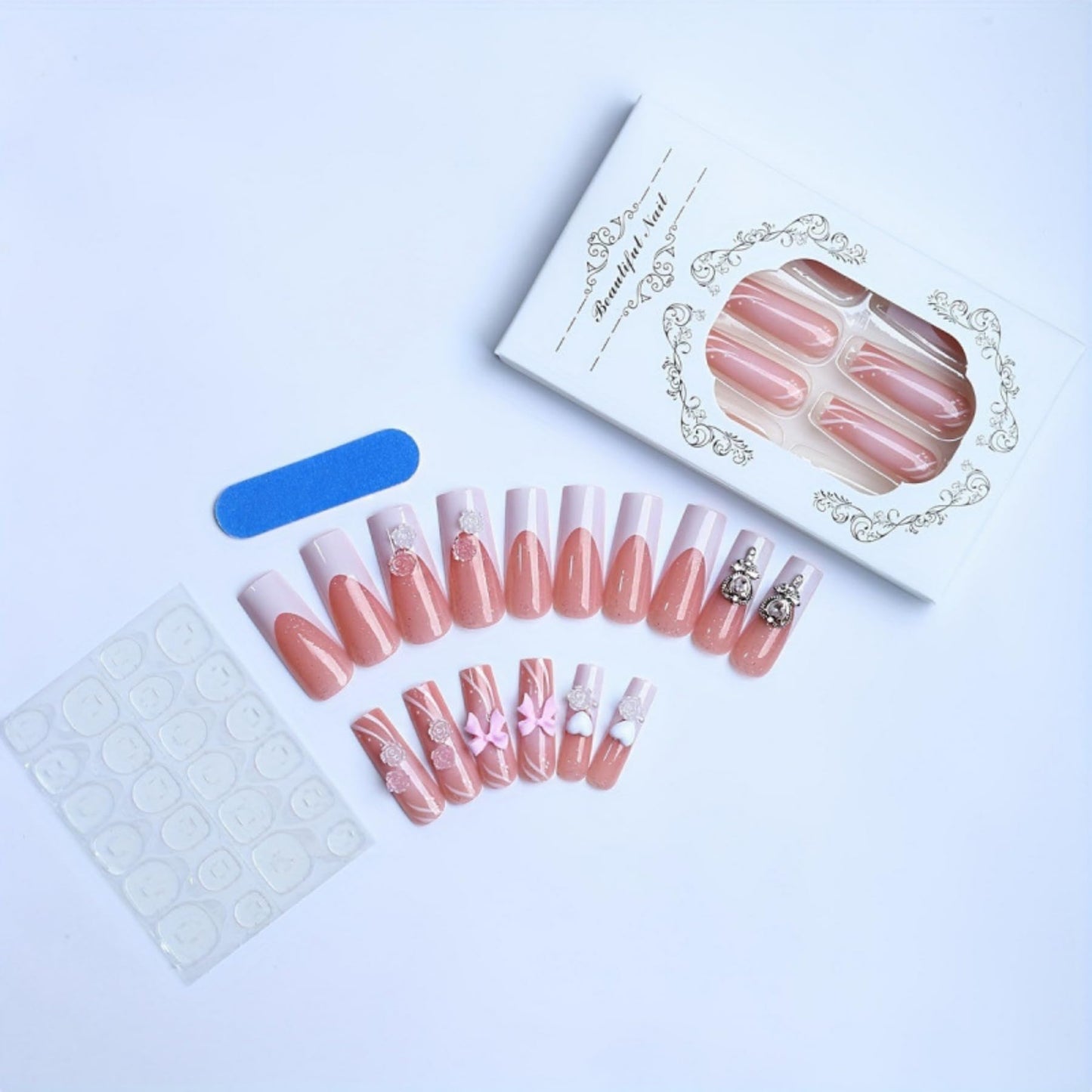 Octoswave Square Press on Nails Medium Fake Nails White 3D Artificial Nail Bow and Flowers Stick on Nail for Women 24pcs