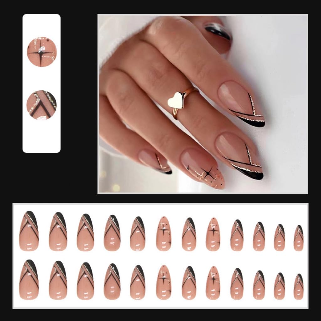 Medium Press on Nails Almond - French Tip Fake Nails with Black Line Design - Glitter, Star Full Cover Stick on False Nails for Women 24 Pcs