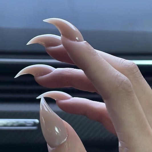 Luxury Press on Nails Medium Stiletto Handmade Eagle Claw Reusable ABS Material Curved Fake Nails Dragon Claw Solid Colour Design Cat Claw Nude Glossy Glue on Nail Thick Acrylic Nails(M)