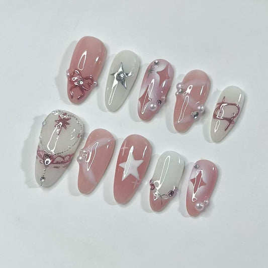 Pink Press on Nails Medium Almond False Nails with 5D Pearl Star Design White Lines Stick on Nails Glossy Full Cover White Glue on Nail Rhinestones Fake Nail for Women Girls Manicure 24Pcs