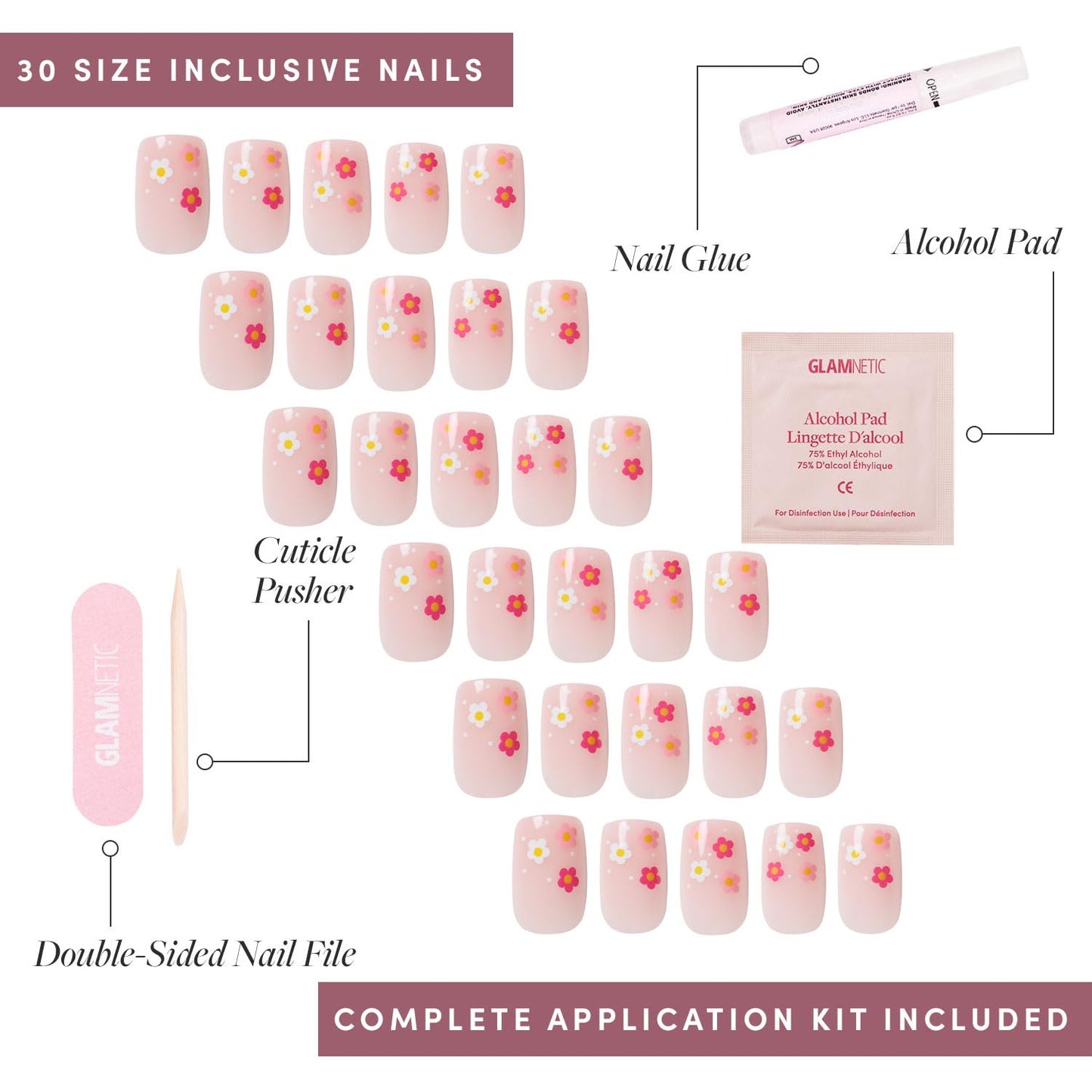 Glamnetic Press On Nails - Pretty Bloom Spring Nails | Glossy, Semi-Transparent Short Squoval Fake Nails with Flower Accents, Salon Quality | 15 Sizes - 30 Nail Kit with Glue