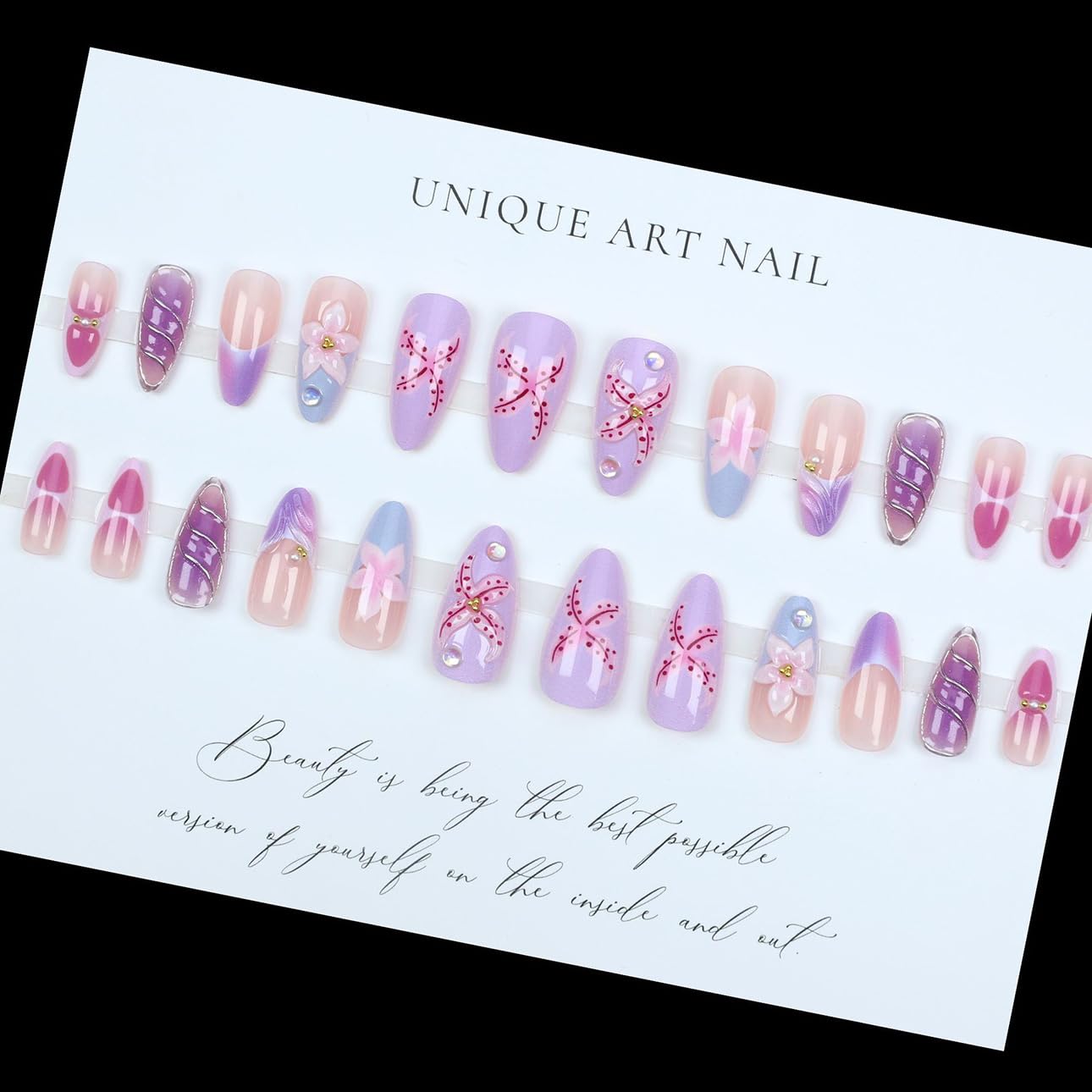 LPOODDNU Purple Pink Press on Nails Almond - Medium 3D Embossed Flower Fake Nails with Pearl Designs, Glossy Finished Reusable False Nails with Adhesive Glue Tabs - 24Pcs Nail Kit for Women Manicure