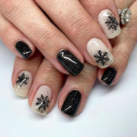 Christmas Press on Nails Short - Square Fake Nails with Black Snowflake Design - Glitter, Winter Full Cover Stick on False Nails - for Women 24 Pcs