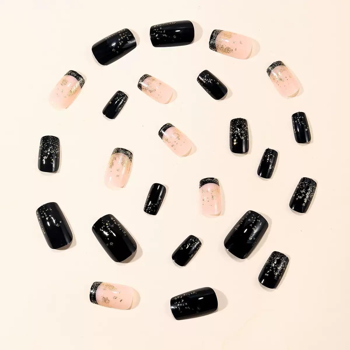 Medium Press on Nails Square - Black Fake Nails with Gold Glitter Design - French Tip Stick on False Nails - for Women 24 Pcs