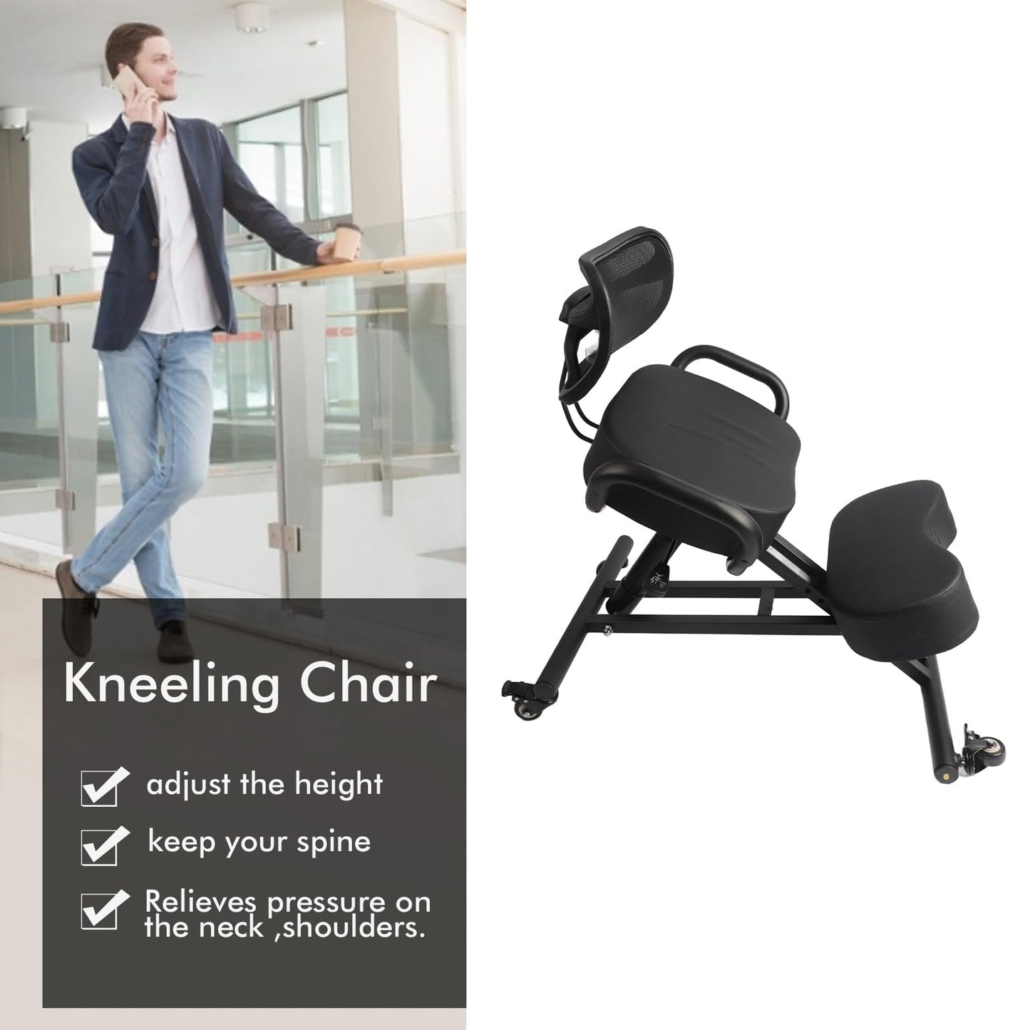 Ergonomic Kneeling Chair, Adjustable Posture Corrector Stool with Mesh Back Support and Thick Cushions for Home Office Desk, Black