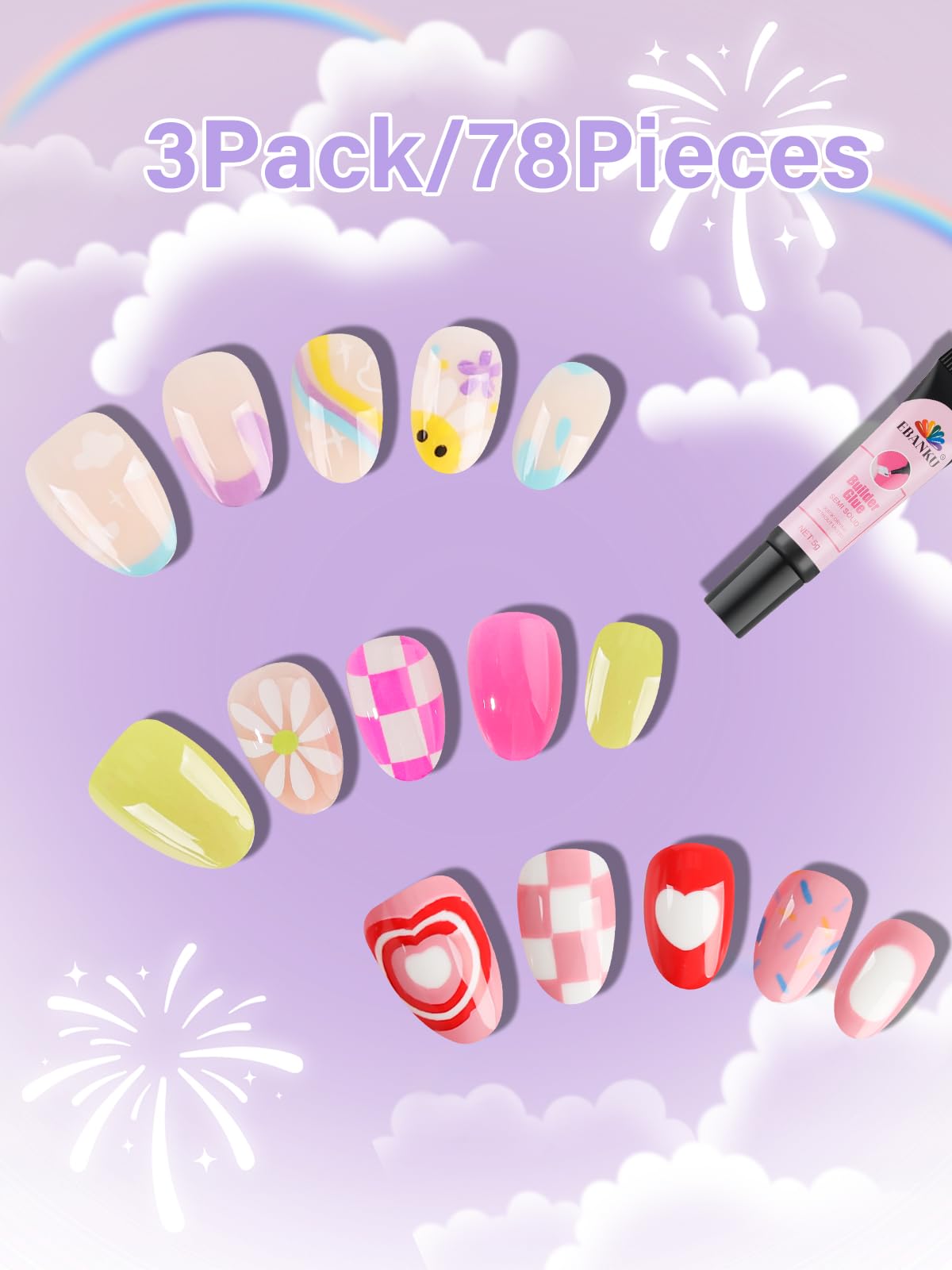 EBANKU 78Pcs Press on Nails kids, 3 Pack Children Acrylic Fake Nails Cute Full Cover Flower Short Stick On False Nail Kits Set for Little Girls with Nail Glue