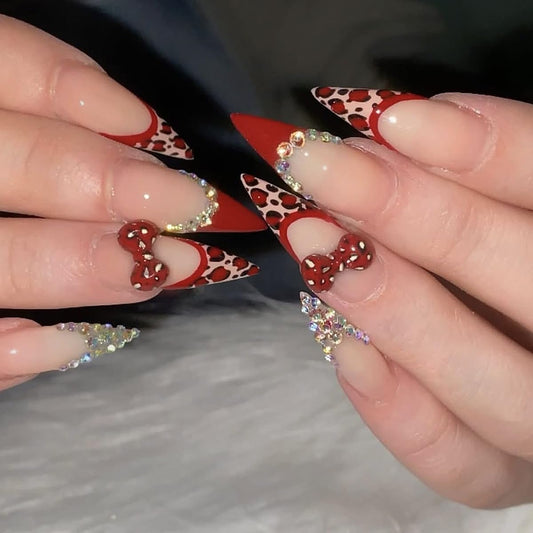 plalely Stiletto Press on Nails Long Red Fake NailLeopard Acrylic Nail Press ons Rhinestones Stick on Nails for Women 24pcs