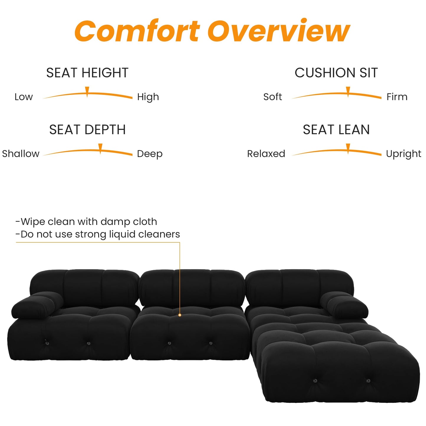 WJShome Modular Sectional Sofa with Ottoman,103.95 inch Convertible Sofa Couch with Reversible Chaise,Velvet L Shaped Minimalist Couch for Living Room, Modern Large Free Combination,Black