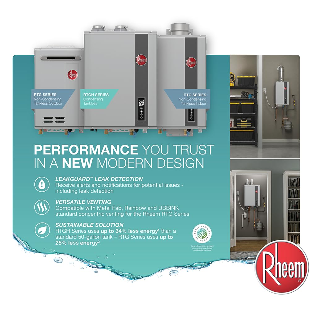 Rheem RTG-70XLN-3 High Efficiency Non-Condensing Outdoor Tankless Natural Gas Water Heater, 7.0 GPM, Gray