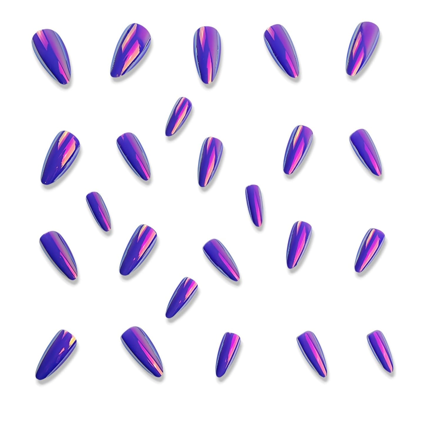 Purple Aurora Electroplating Chrome Press on Nails Medium Almond Fake Nails Purple Chrome False Nails Metal Mirror Acrylic Stick on for Women Girls Manicure Decoration 24Pcs