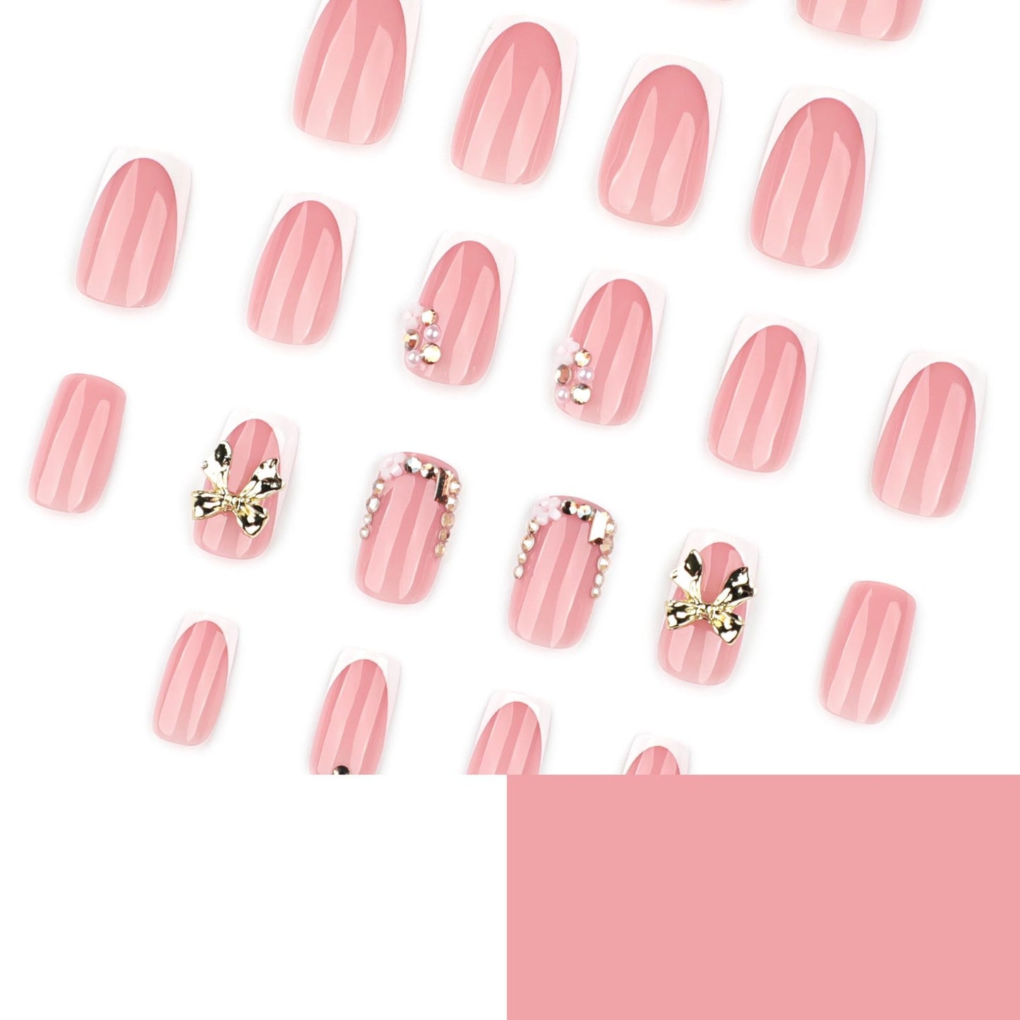 CTTHNBD Short Press on Nails Square - White Fake Nails with Bow Design - Rhinestone, Shiny Full Cover Stick on False Nails for Women 24 Pcs