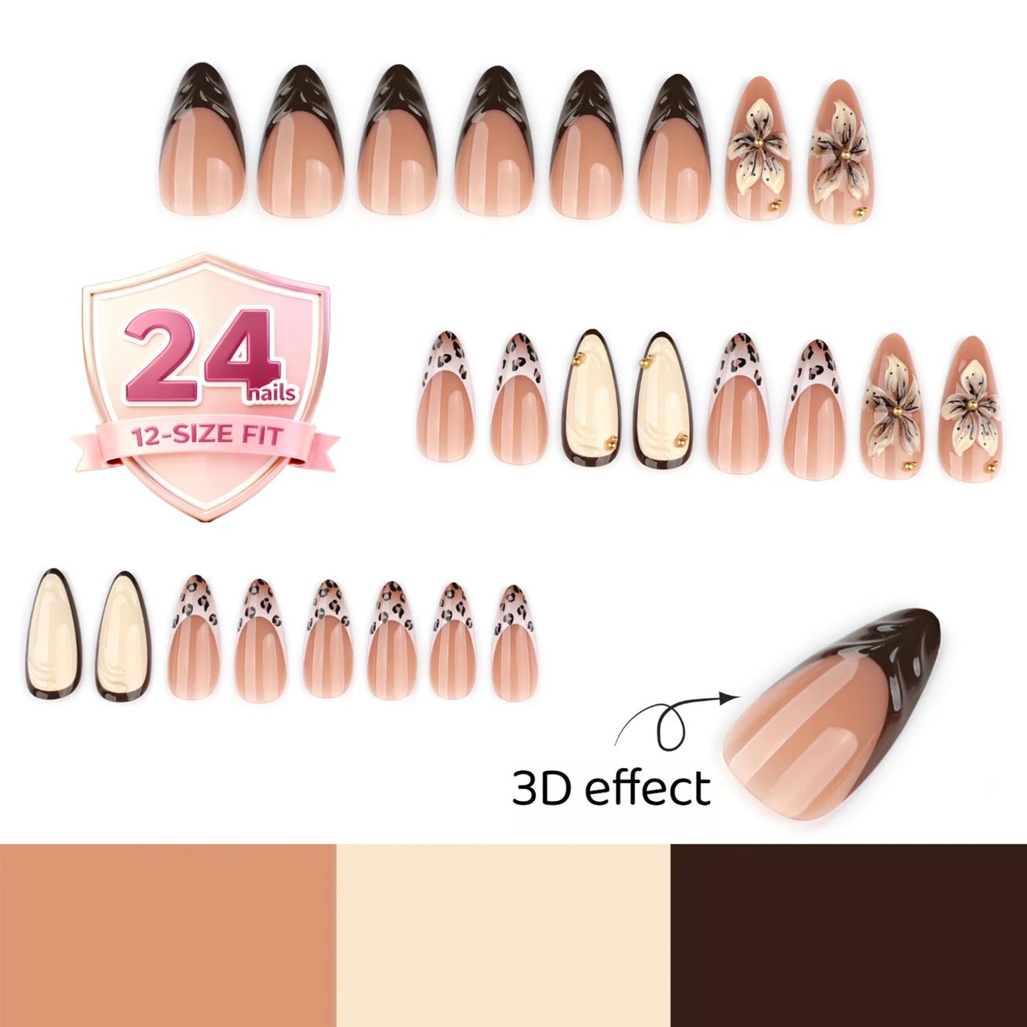 Elegant Nude Press-On Nails with Floral Design and Leopard Print French Tips, High-Gloss Salon-Quality False Nails Kit for Women, Durable, Comfortable, Easy Application, 24 Pcs Set