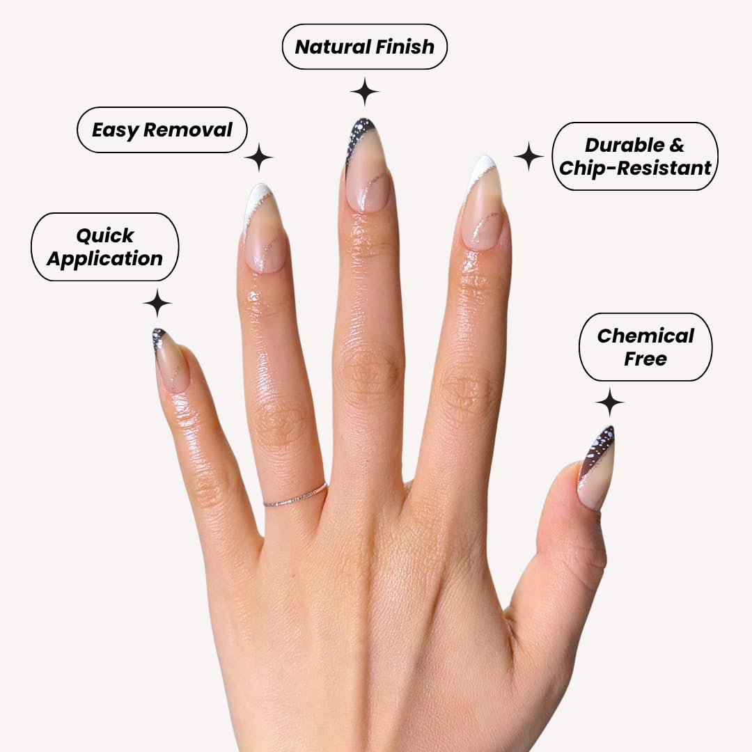 PerfectLook Press On Nails - Soft Tweed | No Glue Almond Matte Nude Nails with Black & White French Tips for Daily - 24 Pcs Nail Kit with Adhesive Tabs