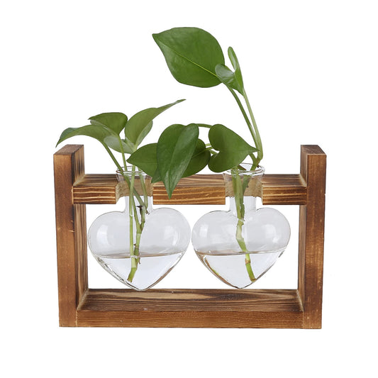RXMORI Heart Shape Bulb Vase with Vintage Wooden Stand,Clear Glass Vase for Flowers,Decorative Hydroponic Test Tube Vase for Living Room(Retro Box + 2 Heart Bottles)