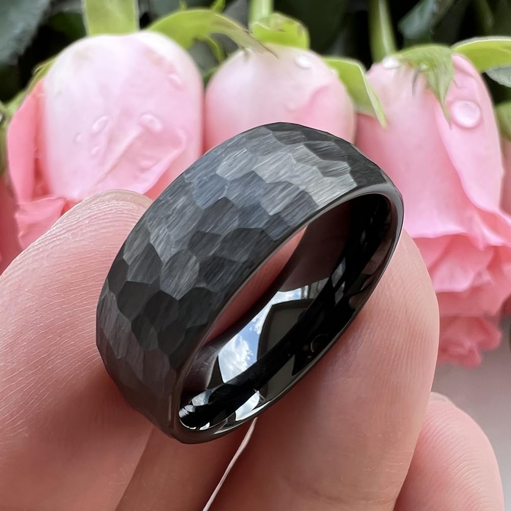 TUTISS 8mm Black Hammered Tungsten Rings for Men Women Fashion Engagement Wedding Bands Domed Matte Finish Comfort Fit Size 10
