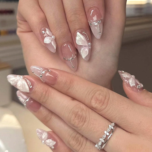 24Pcs White Flower Press on Nails Medium Almond French Fake Nails with 3D Rhinestone Pearls Design Butterfly False Nails Pink Gradient Full Cover Cute Floral Butterflies Acrylic Glue on Nail for Women